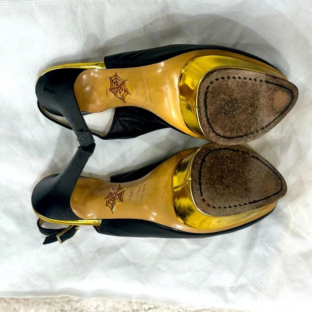 Black Leather DOLLY Gold Platform Slingback Pumps - Picture 7 of 11